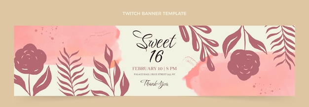 Free vector watercolor hand drawn sweet 16 twitch banner