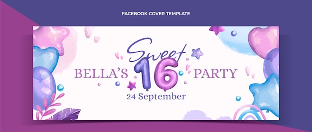 Free vector watercolor hand drawn sweet sixteen social media cover template