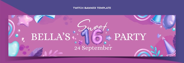 Free vector watercolor hand drawn sweet sixteen twitch banner