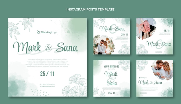 Free vector watercolor hand drawn wedding instagram posts