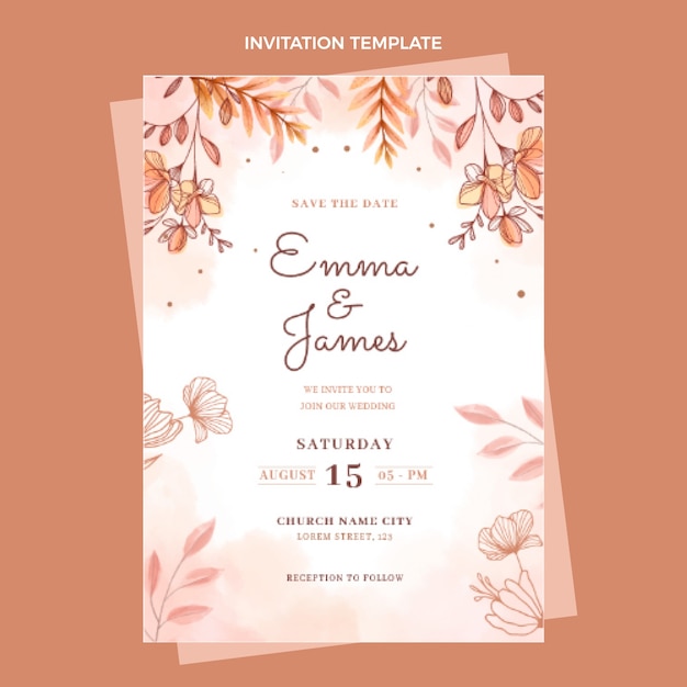 Watercolor hand drawn wedding invitation template