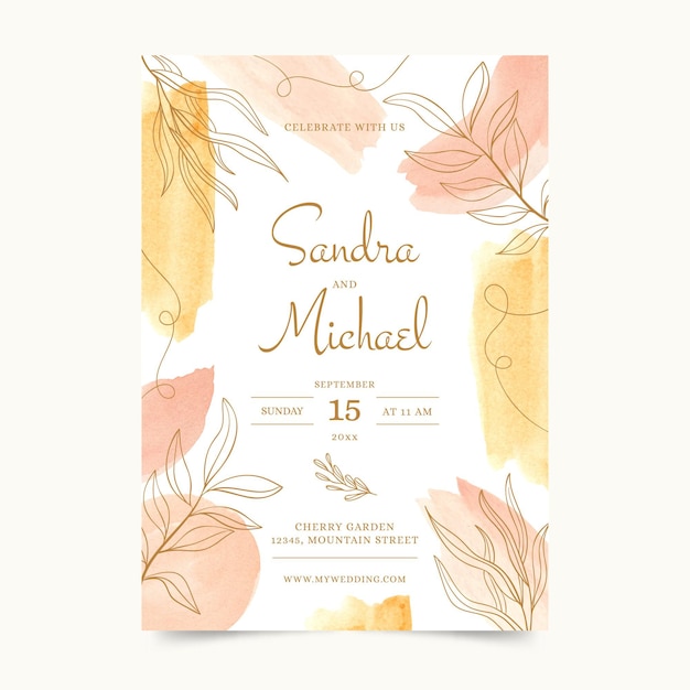 Watercolor hand drawn wedding invitation template