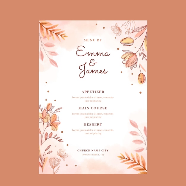 watercolor hand drawn wedding menu template