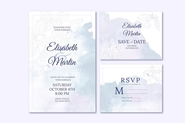 Watercolor hand drawn wedding stationery collection