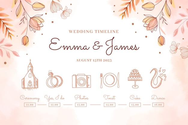 watercolor hand drawn wedding timeline