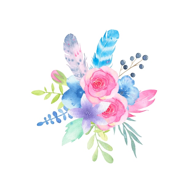 Free vector watercolor hand painted flower wedding bouquet and leaves isolated on white