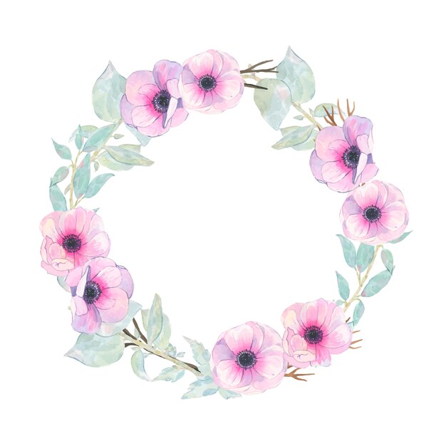 Watercolor hand painted round wreath with flower pink anemone and green leaves isolated on white