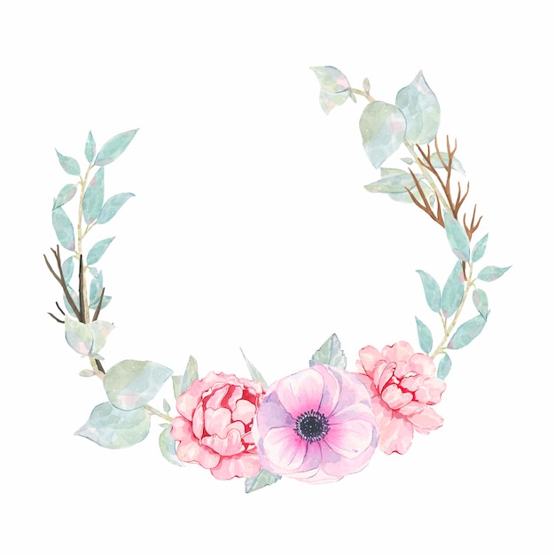 水彩の手描きの花ピンクの牡丹アネモネと緑の葉が白で隔離と丸い花輪