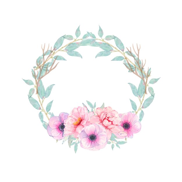 Watercolor hand painted round wreath with flower pink peony anemone and green leaves isolated on white