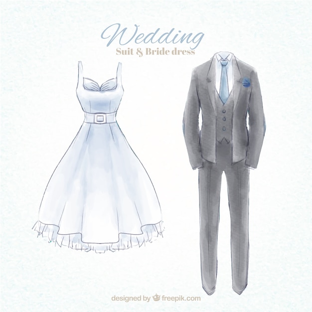 Бесплатное векторное изображение Акварель ручной росписью свадебный костюм и платье