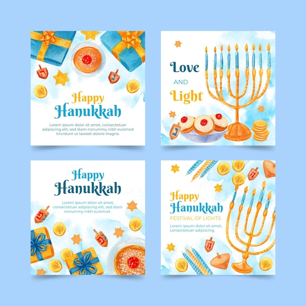 Free vector watercolor hanukkah instagram posts collection