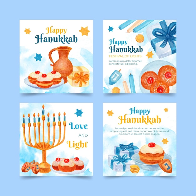 Free vector watercolor hanukkah instagram posts collection