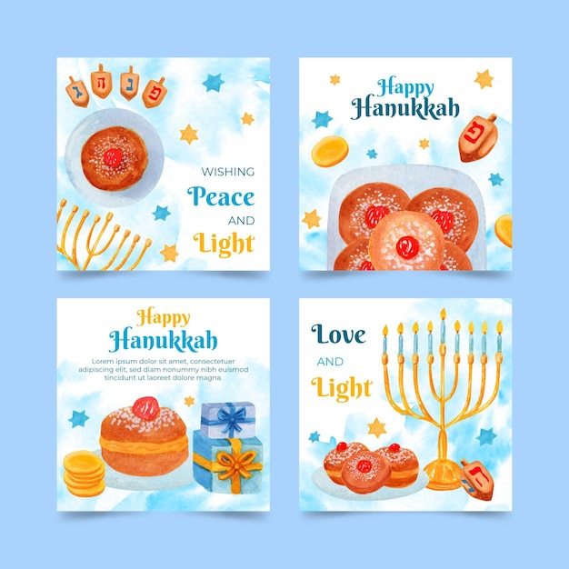 Vettore gratuito collezione di post di instagram hanukkah ad acquerello