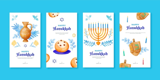 Vettore gratuito raccolta di storie di instagram di hanukkah ad acquerello