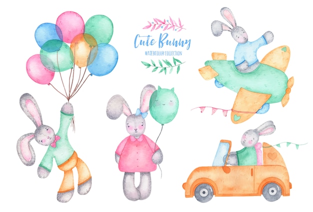 Watercolor happy easter cute bunny rabbit with air balloons on car and plane