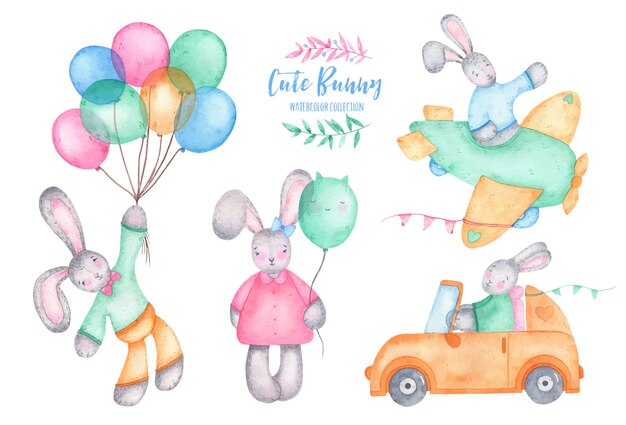 자동차와 비행기에 공기 풍선 수채화 행복 한 부활절 귀여운 토끼