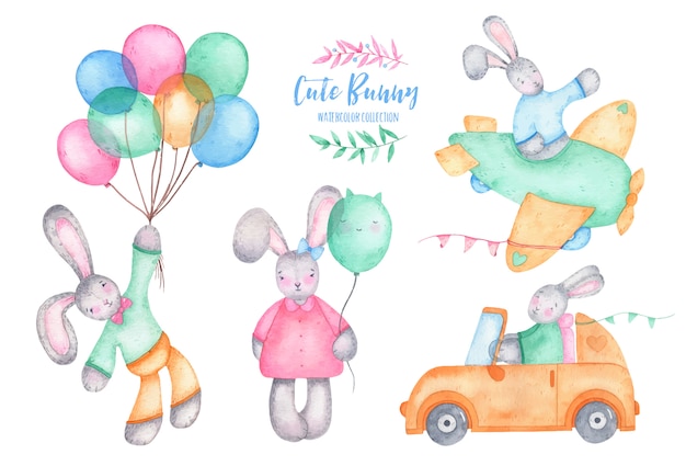 자동차와 비행기에 공기 풍선 수채화 행복 한 부활절 귀여운 토끼