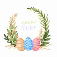 Free vector watercolor happy easter day leaves frame with eggs