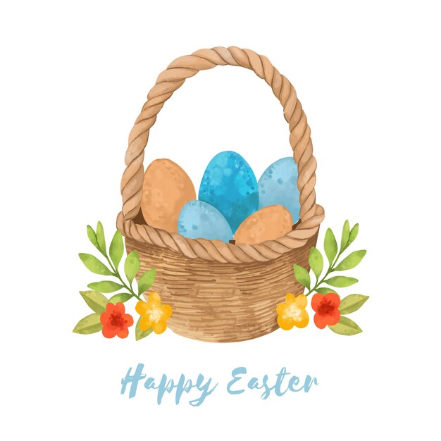 Watercolor happy easter day lettering with basket of eggs