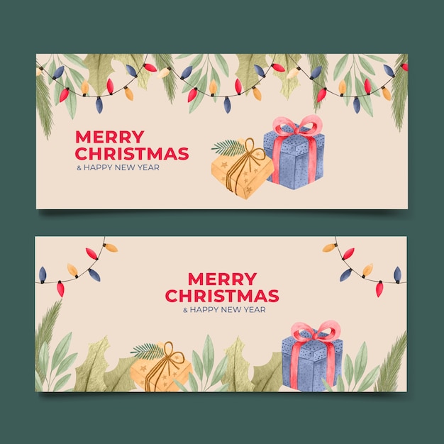 Watercolor happy holidays christmas banners set