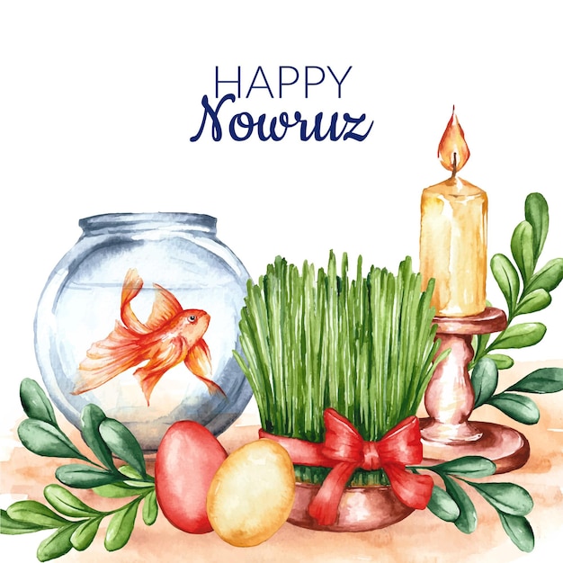 Watercolor happy nowruz illustration