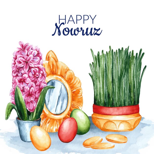 Watercolor happy nowruz illustration