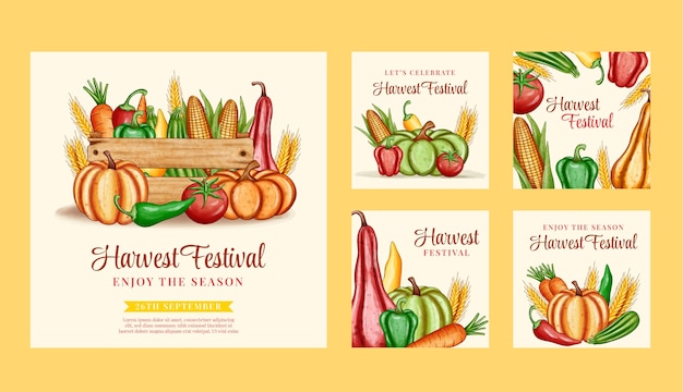 Free vector watercolor harvest festival instagram posts collection