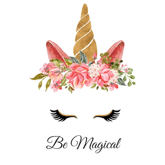 Free vector watercolor head of unicorn with floral wreath rose pink