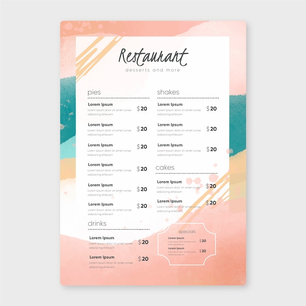 Watercolor healthy food restaurant menu template