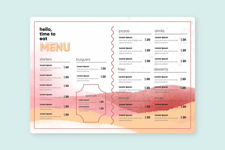 無料Vector 水彩健康食品レストランメニューテンプレート