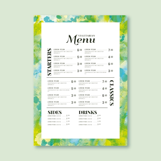 Watercolor healthy food restaurant menu template