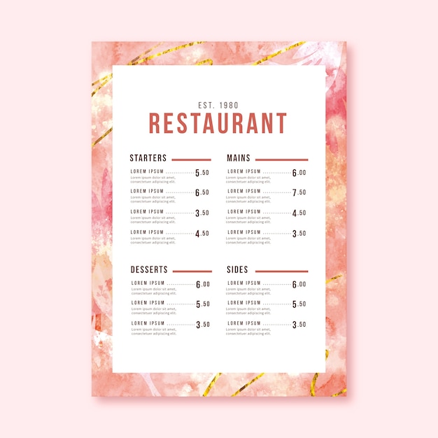 Watercolor healthy food restaurant menu template