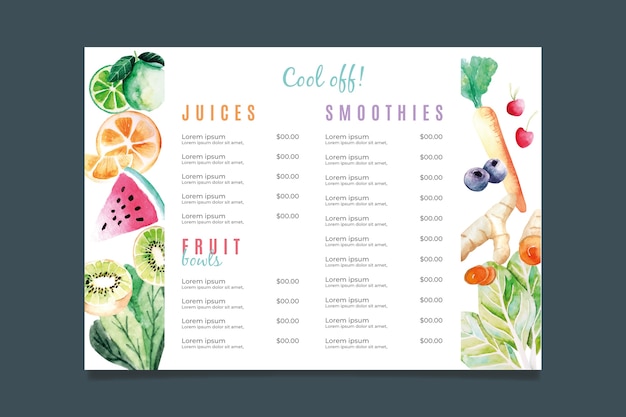 Modello di menu del ristorante di cibo sano dell'acquerello