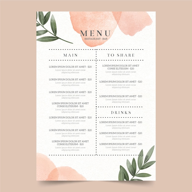 Watercolor healthy food restaurant menu template