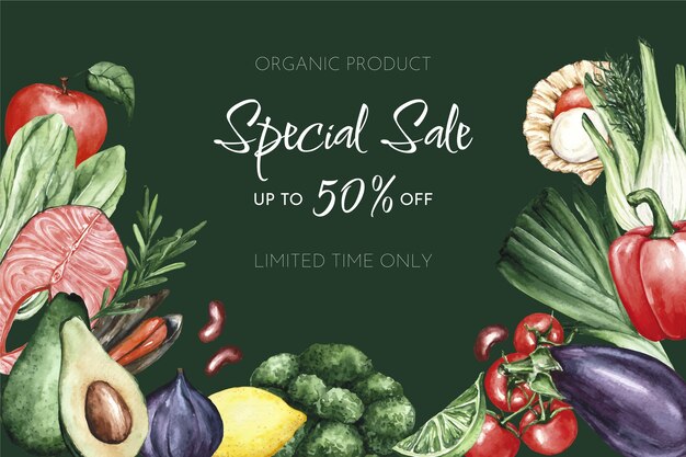 Watercolor healthy food sale background