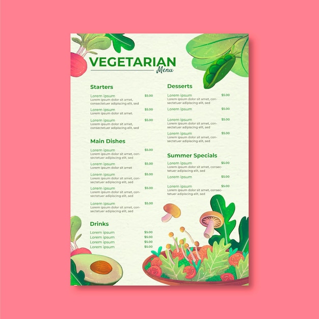 Vettore gratuito menu vegetariano sano dell'acquerello