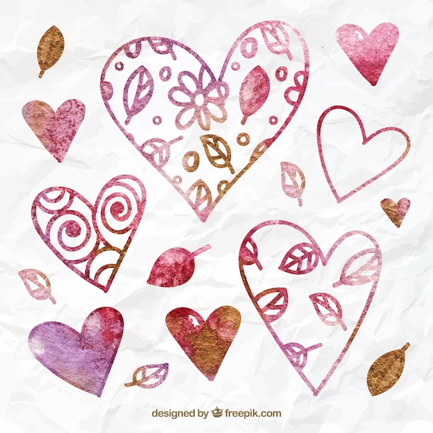 Free vector watercolor hearts with leaves