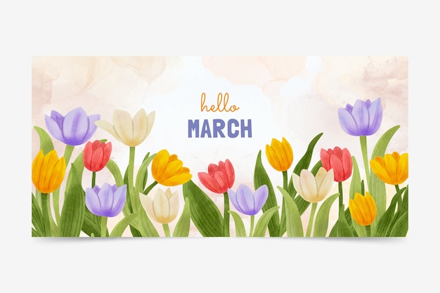 Watercolor hello march banner and background