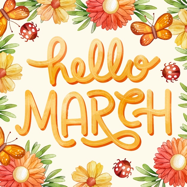 Free vector watercolor hello march lettering