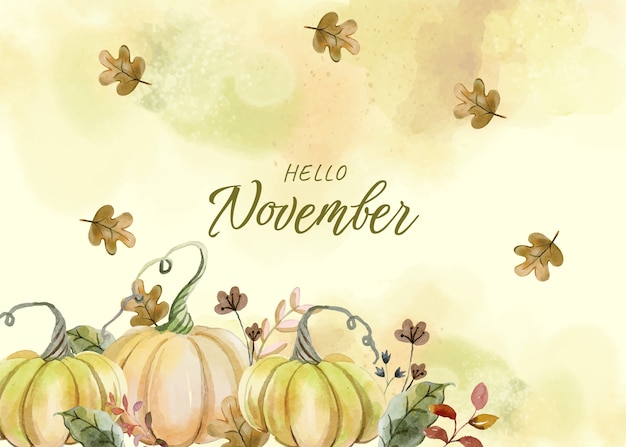 Watercolor hello november background for autumn