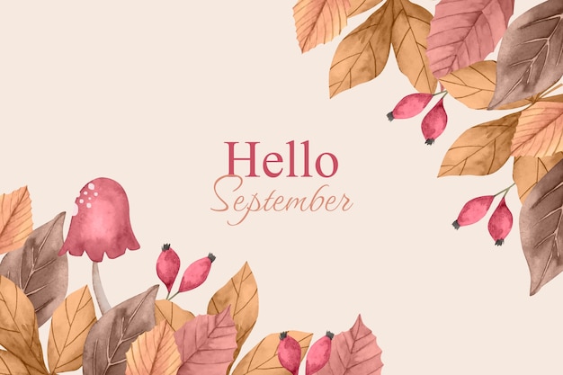 Watercolor hello september background for autumn celebration