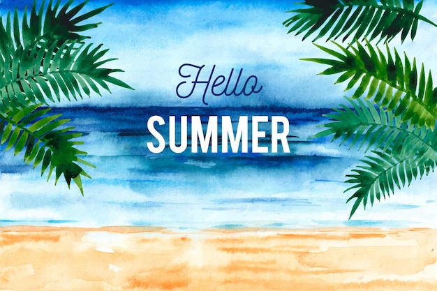 Watercolor hello summer with beach and palm trees