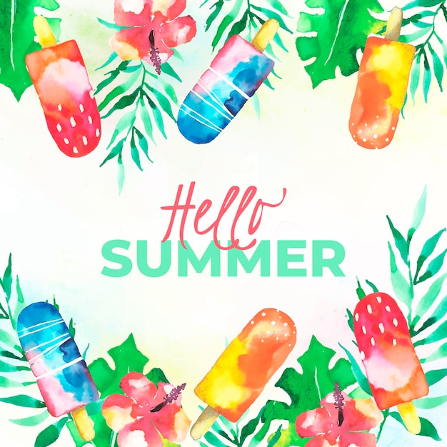 Free vector watercolor hello summer with ice cream and flowers