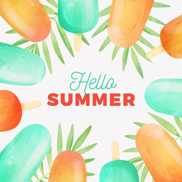 Акварель привет лето с листьями и фруктовым мороженым