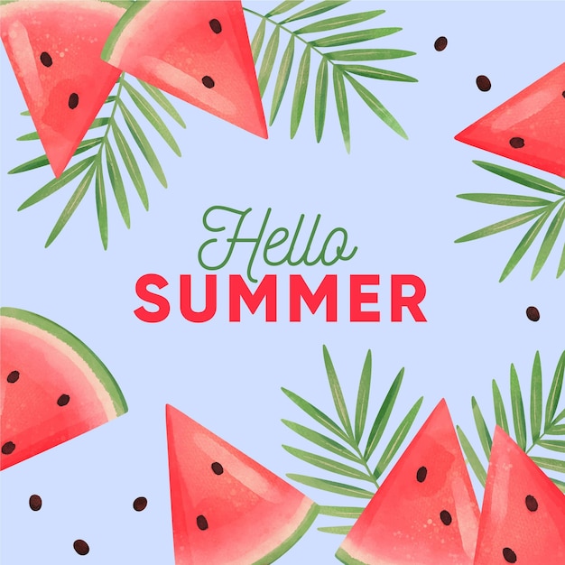 Watercolor hello summer with watermelon and leaves