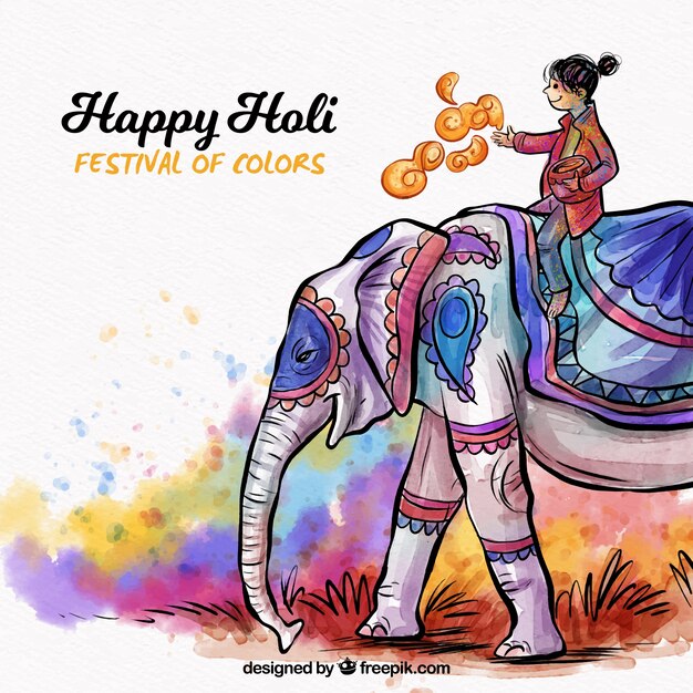 Watercolor holi background with woman on elephant