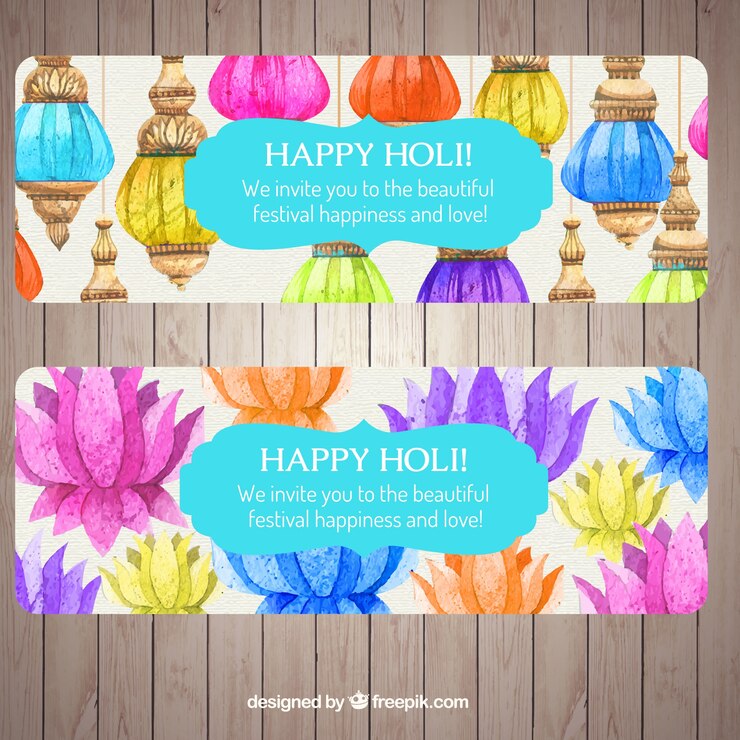 Free Vector watercolor holi festival banners with lamps and flowers