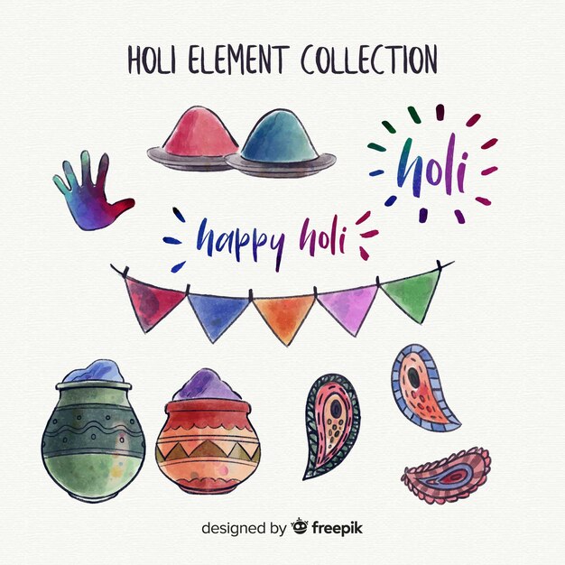 Free Vector watercolor holi festival elements pack