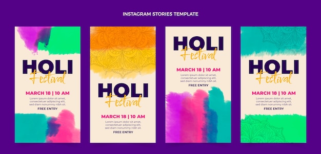 Vettore gratuito collezione di storie di instagram holi acquerello