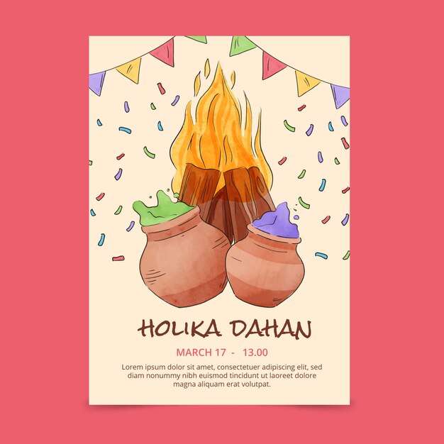 Шаблон вертикального плаката акварели holika dahan